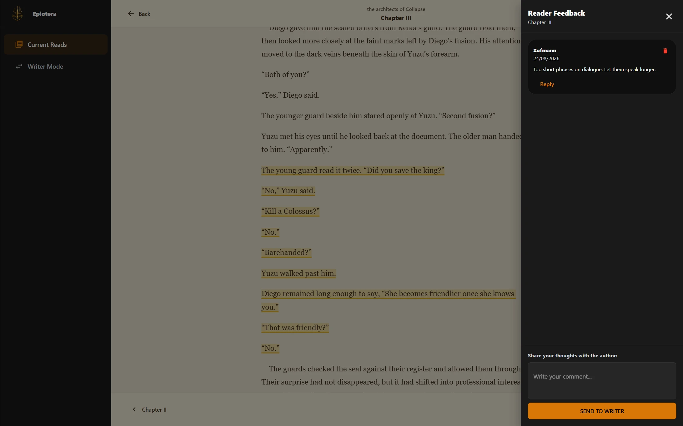 ePlotera collaborator permissions and beta-reader feedback interface