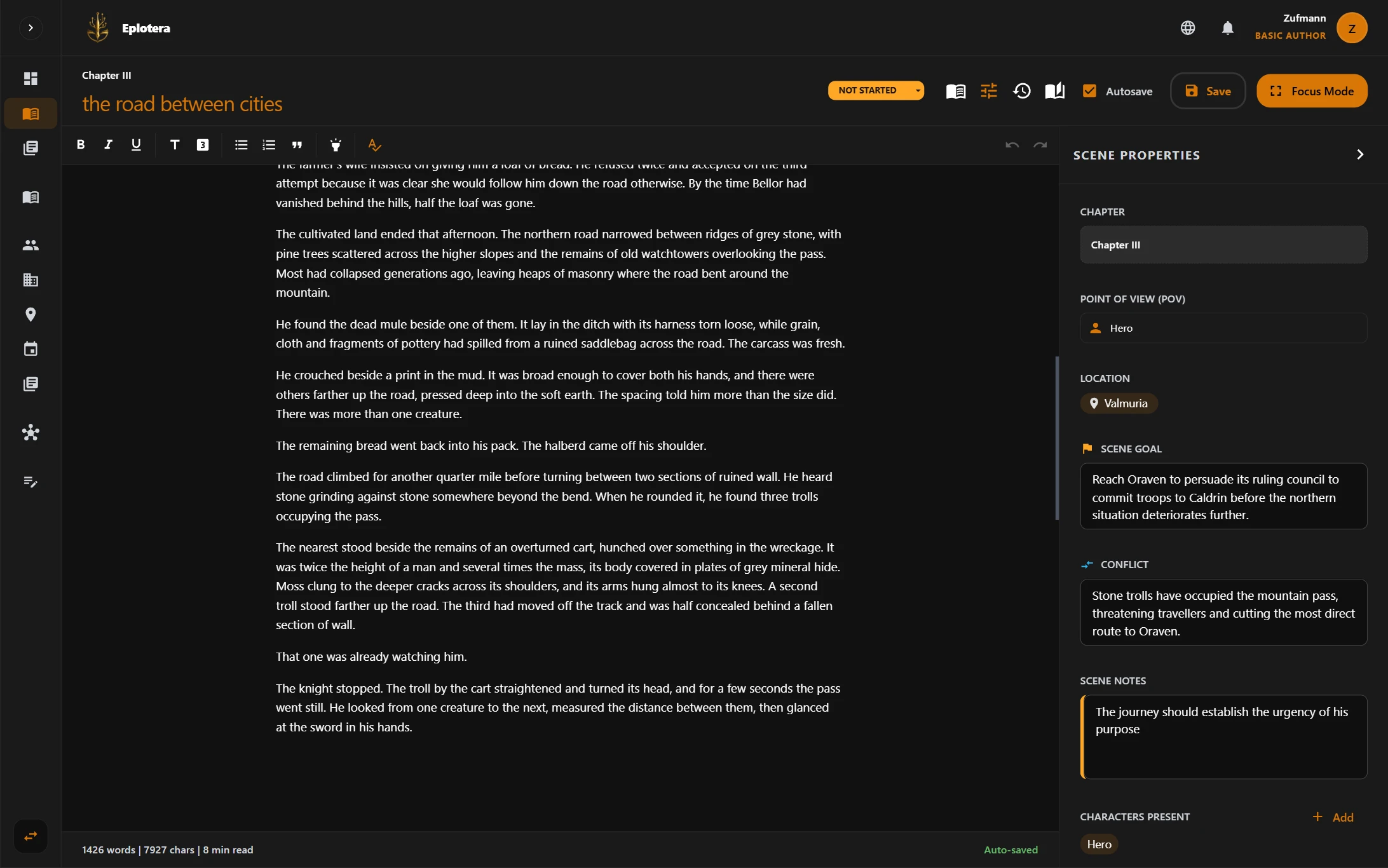 ePlotera editor with manuscript, chapter navigation, story entities, and reference tools visible