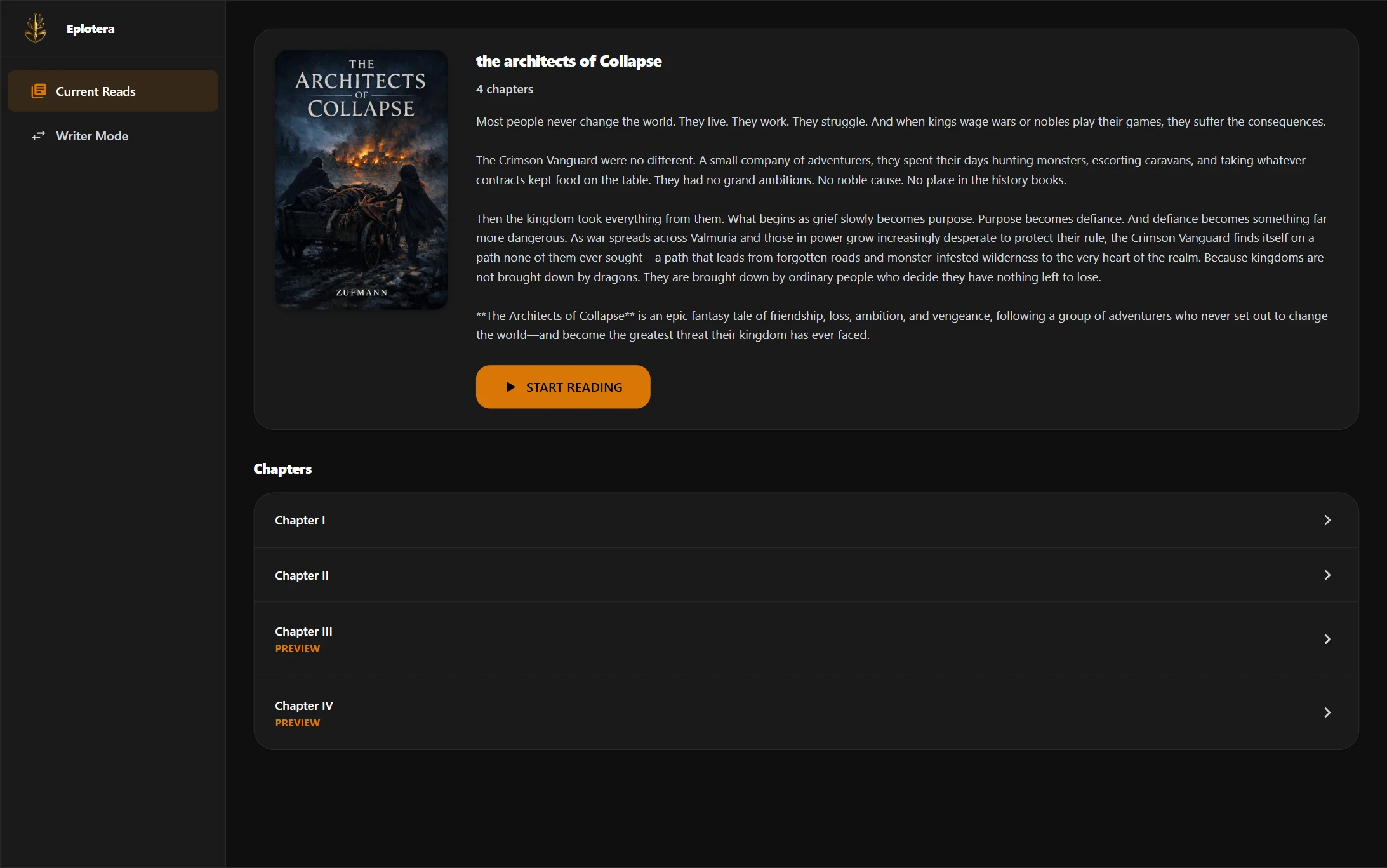 ePlotera library showing chapters across novels with different visibility states