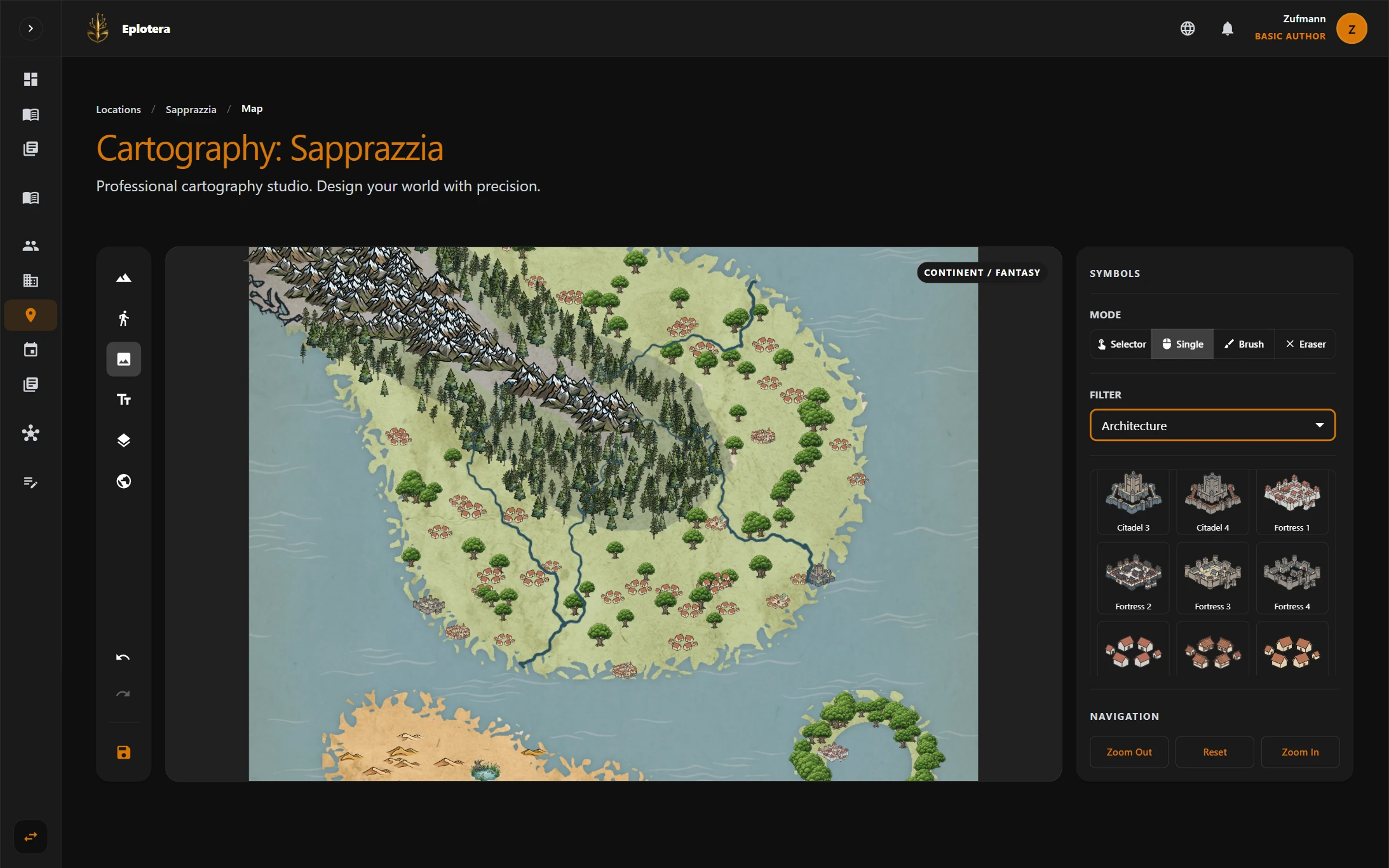 ePlotera map editor with regions, routes, labels, and story locations