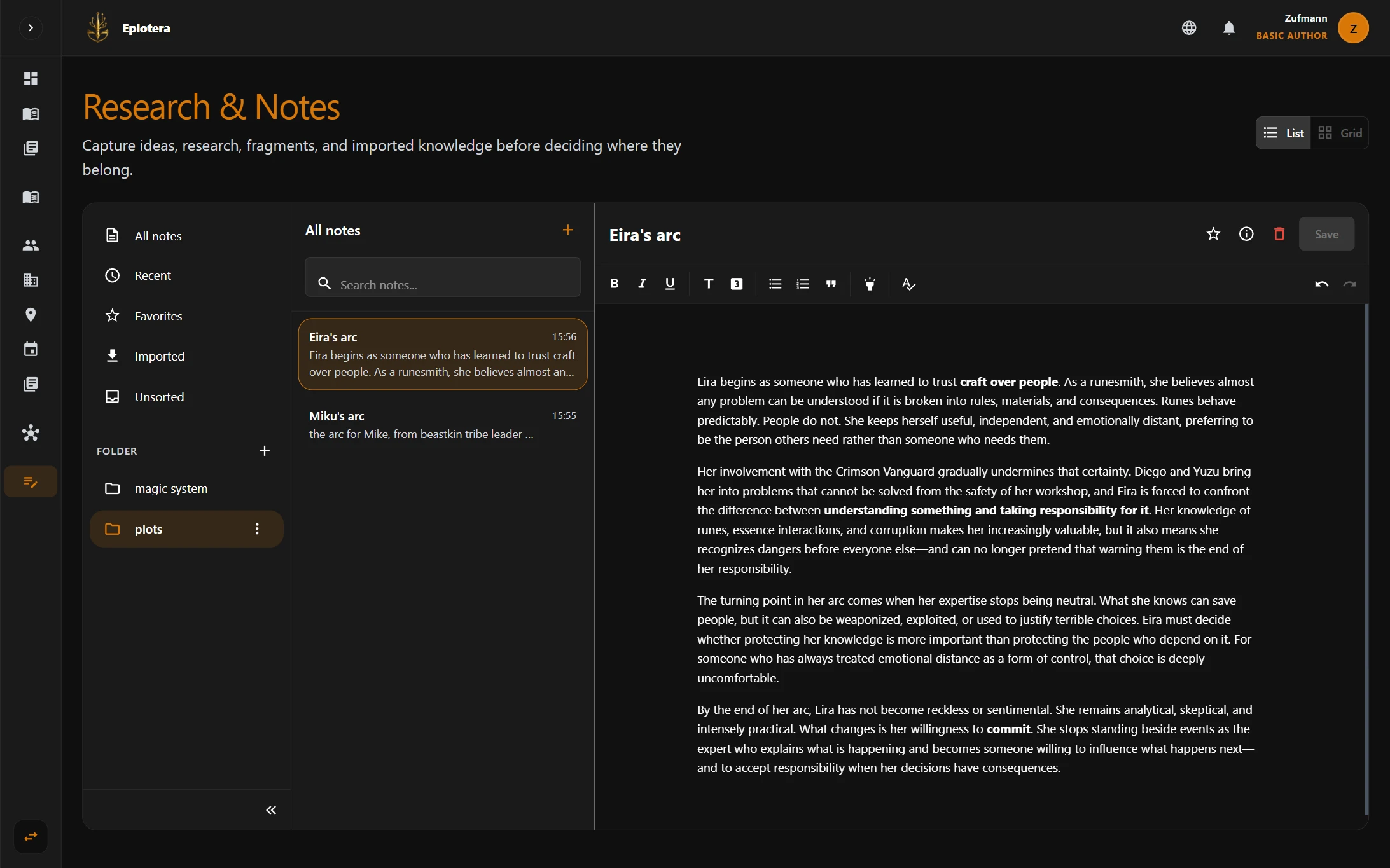 ePlotera research notes workspace with organized notes
