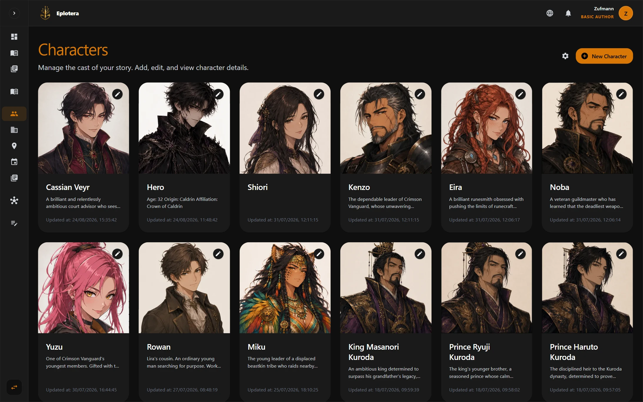 ePlotera workspace with populated character, organization, location, and event records